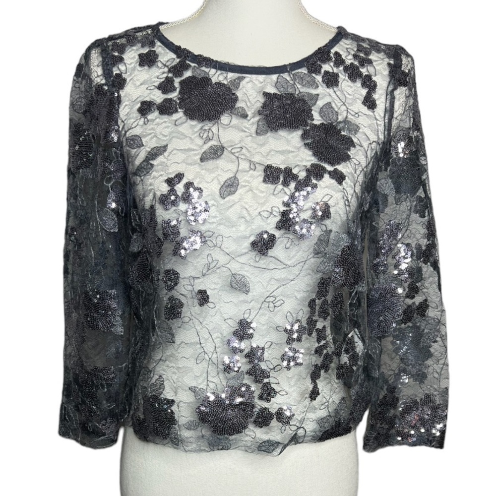 Marina Gray Lace Sequin Embroidered Zip Back Blouse